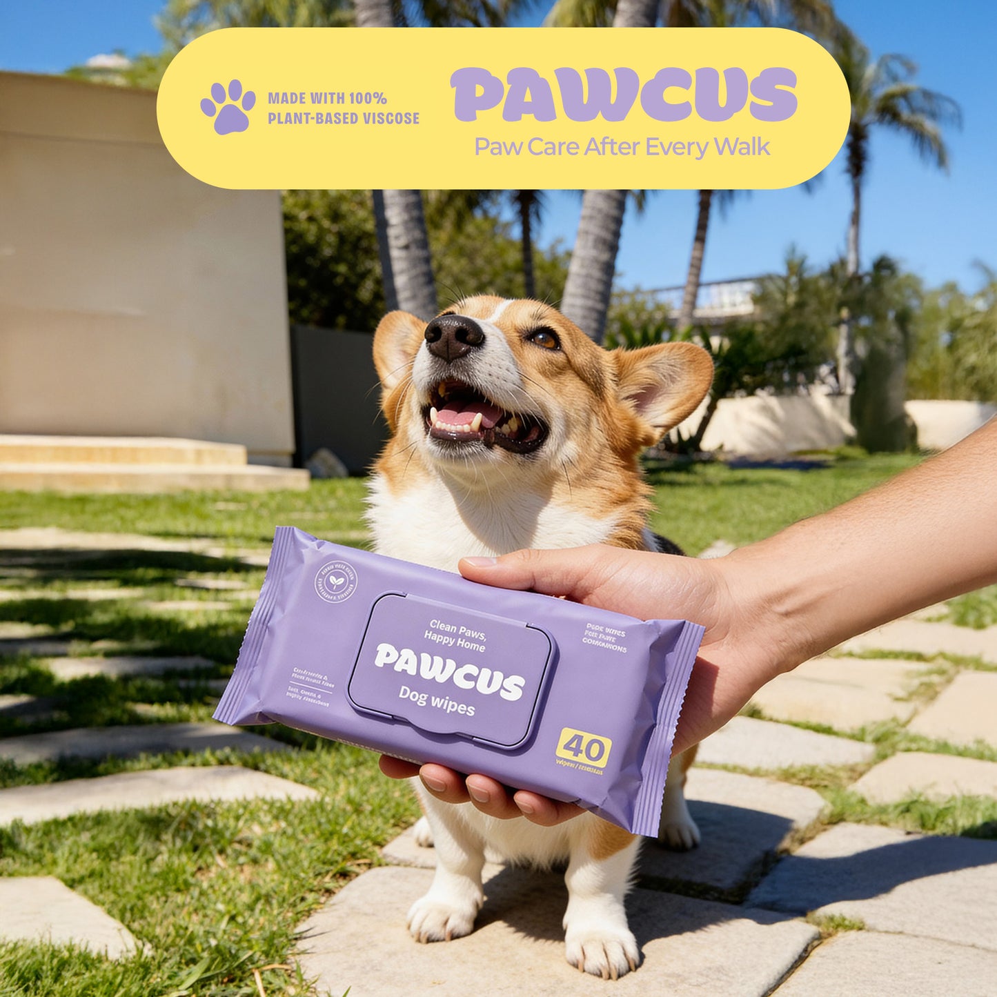 PAWCUS Dog Wipes - 120ct Smart Pack (3 Packs x 40) | 100% Plant-Based Viscose