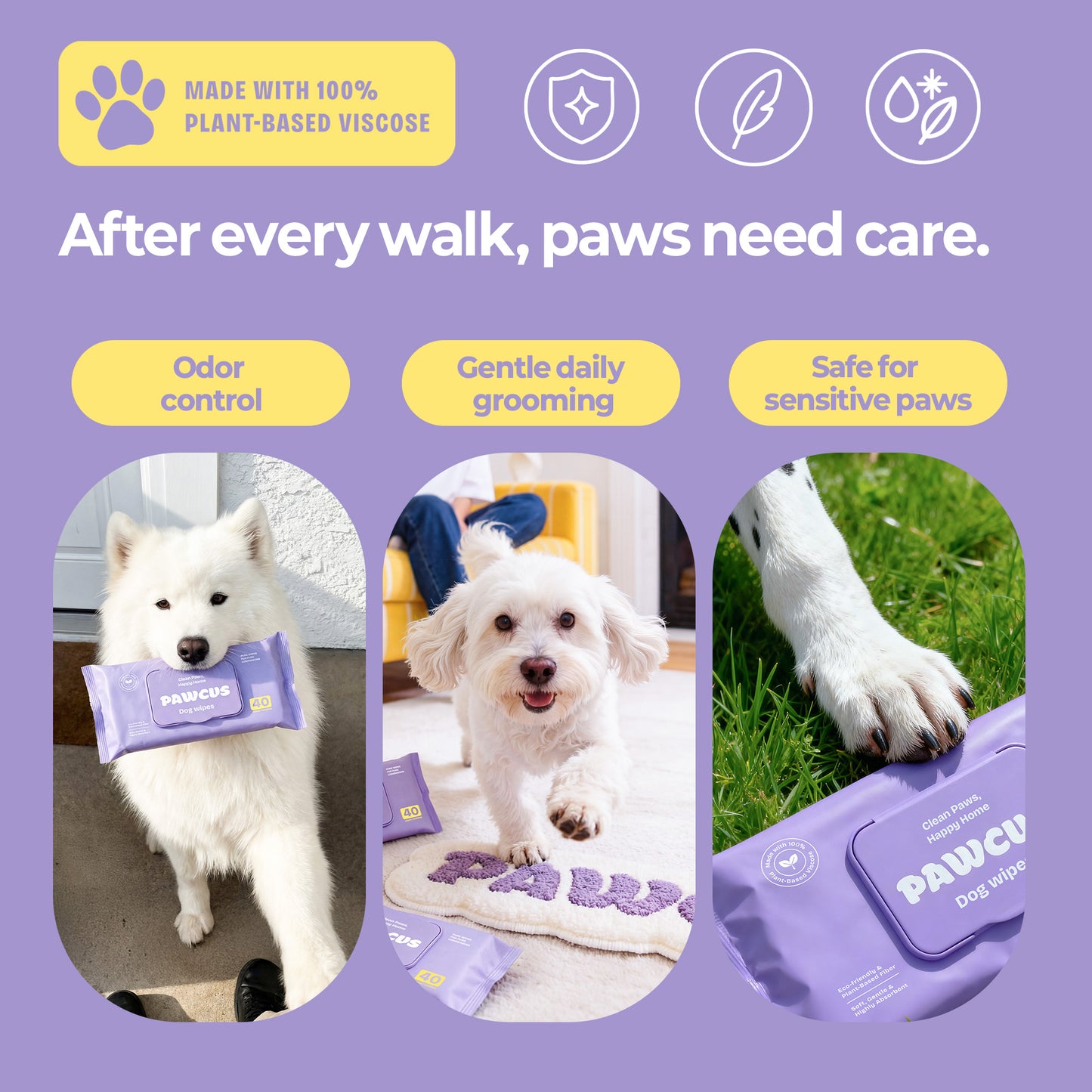 PAWCUS Dog Wipes - 120ct Smart Pack (3 Packs x 40) | 100% Plant-Based Viscose