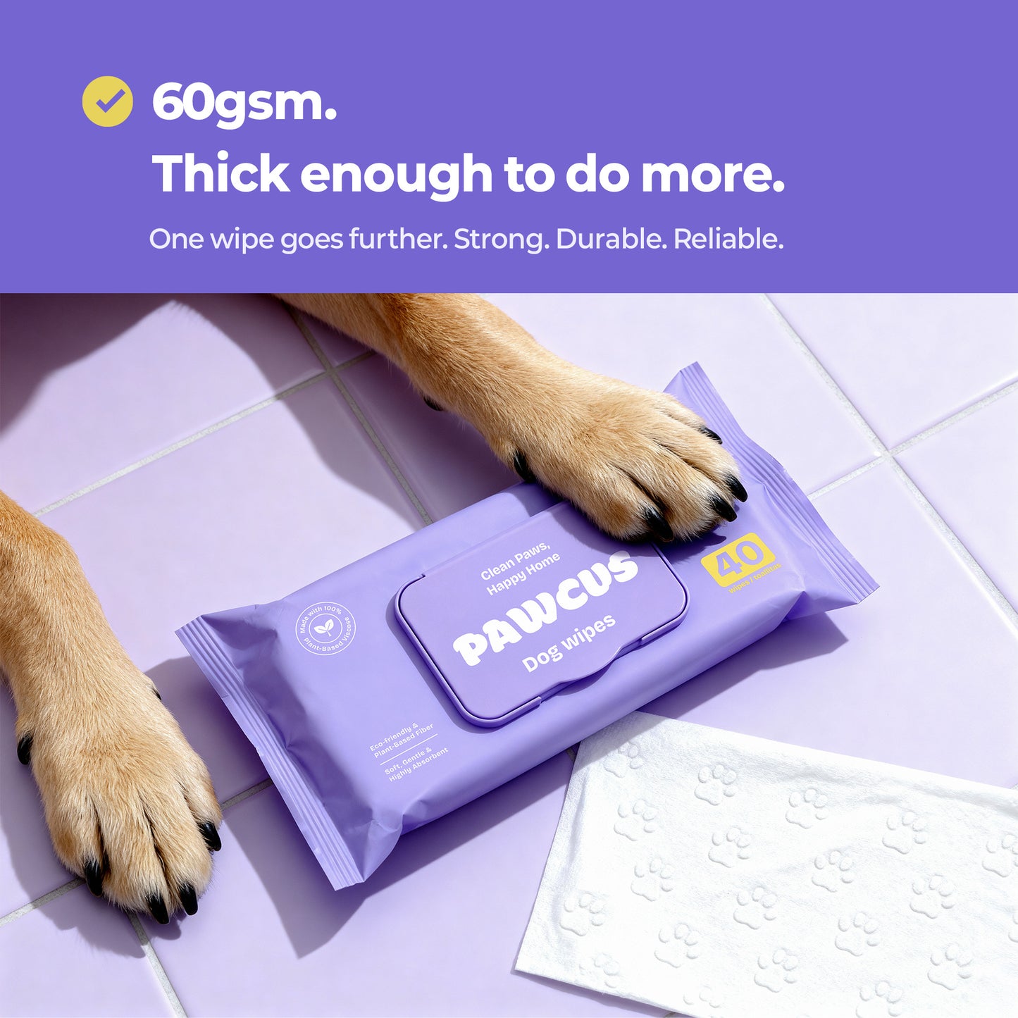 PAWCUS Dog Wipes - 120ct Smart Pack (3 Packs x 40) | 100% Plant-Based Viscose