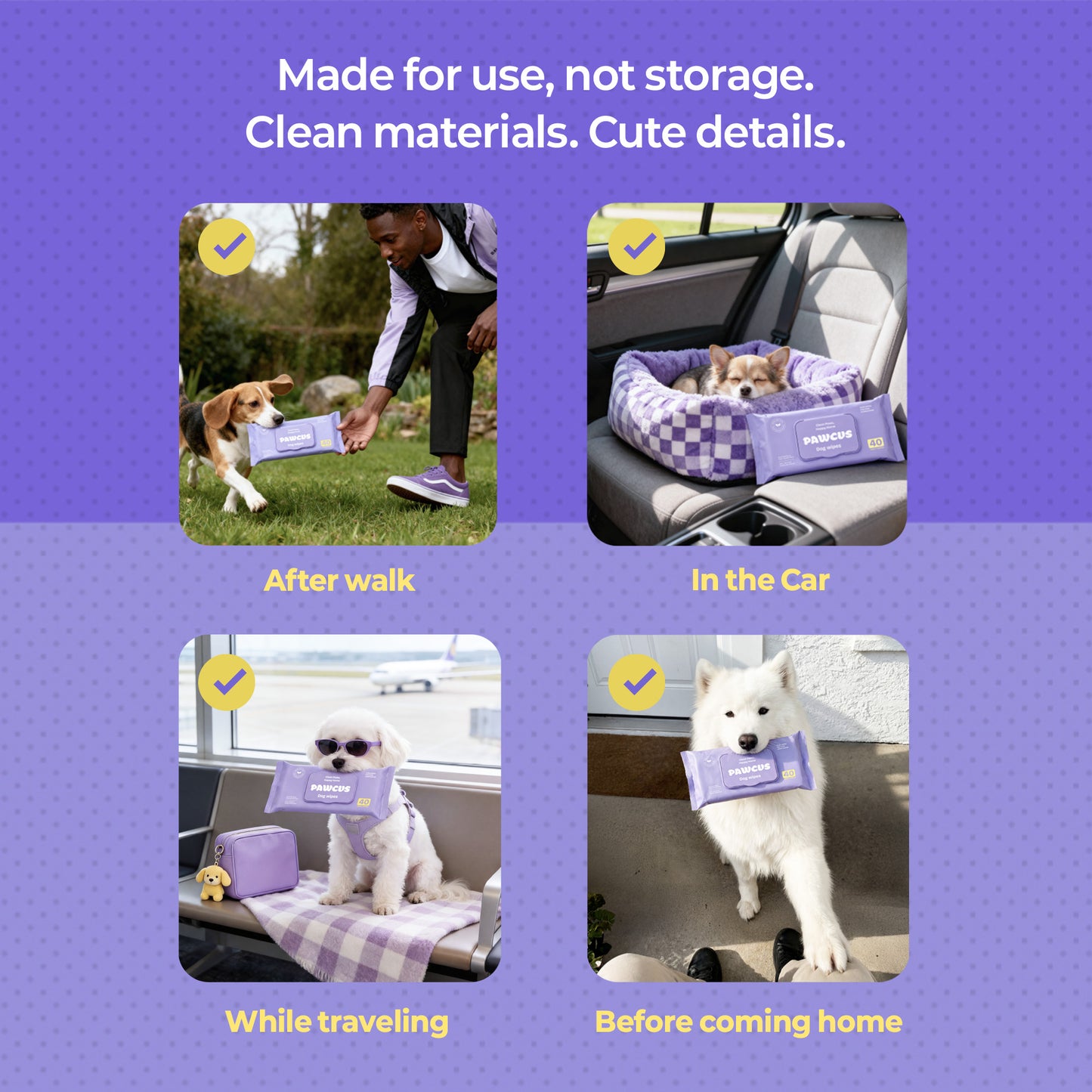 PAWCUS Dog Wipes - 120ct Smart Pack (3 Packs x 40) | 100% Plant-Based Viscose