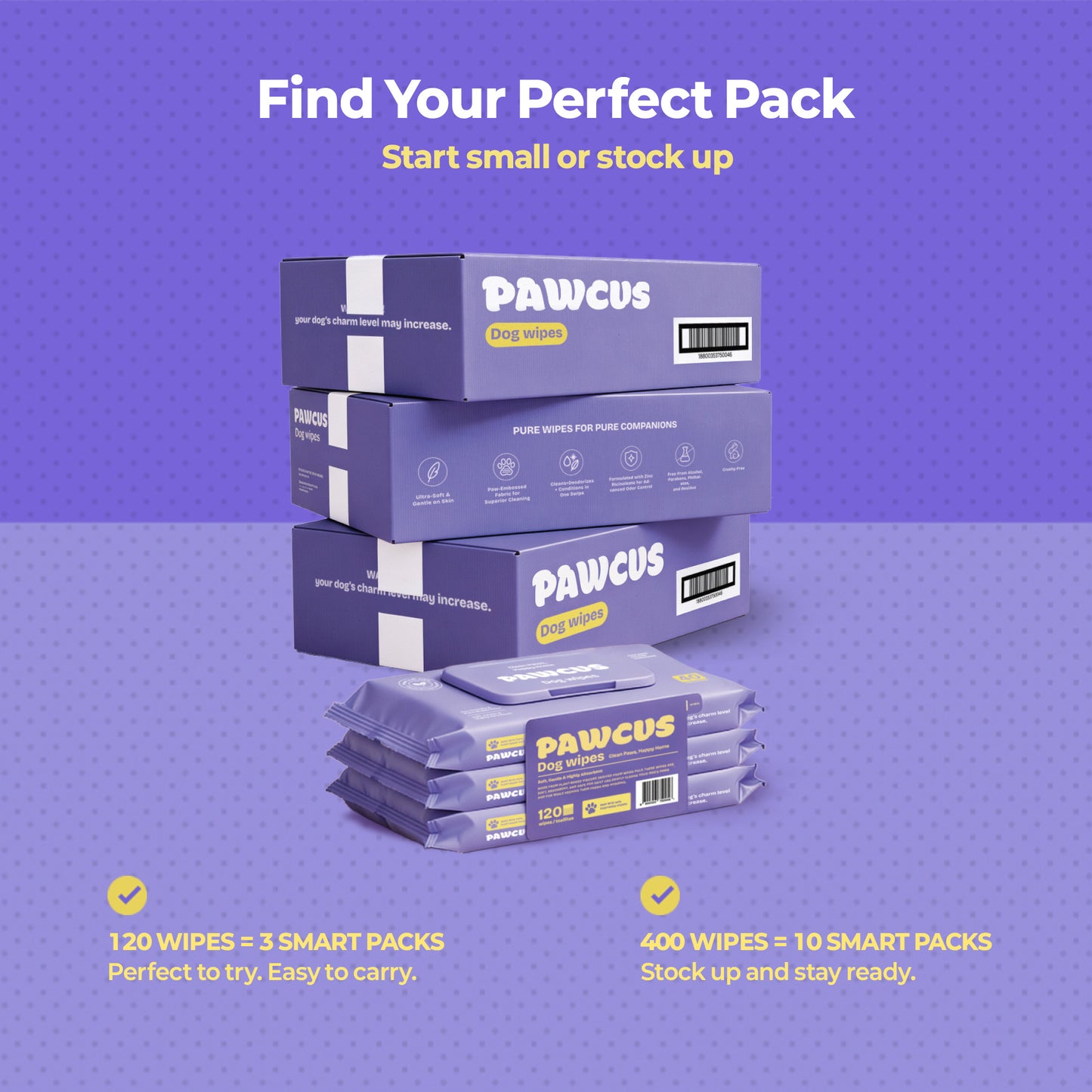 PAWCUS Dog Wipes - 120ct Smart Pack (3 Packs x 40) | 100% Plant-Based Viscose
