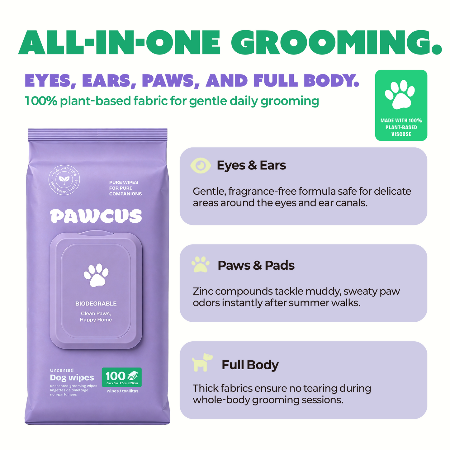 PAWCUS Dog Wipes - 100ct Premium Pack (1 Pack x 100) | 100% Plant-Based Viscose