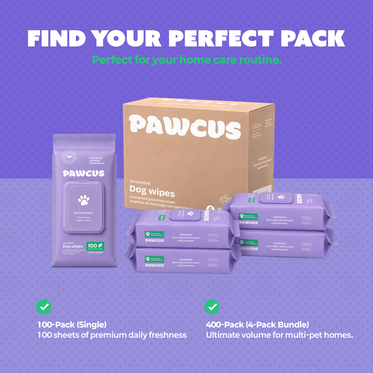 PAWCUS Dog Wipes - 100ct Premium Pack (1 Pack x 100) | 100% Plant-Based Viscose
