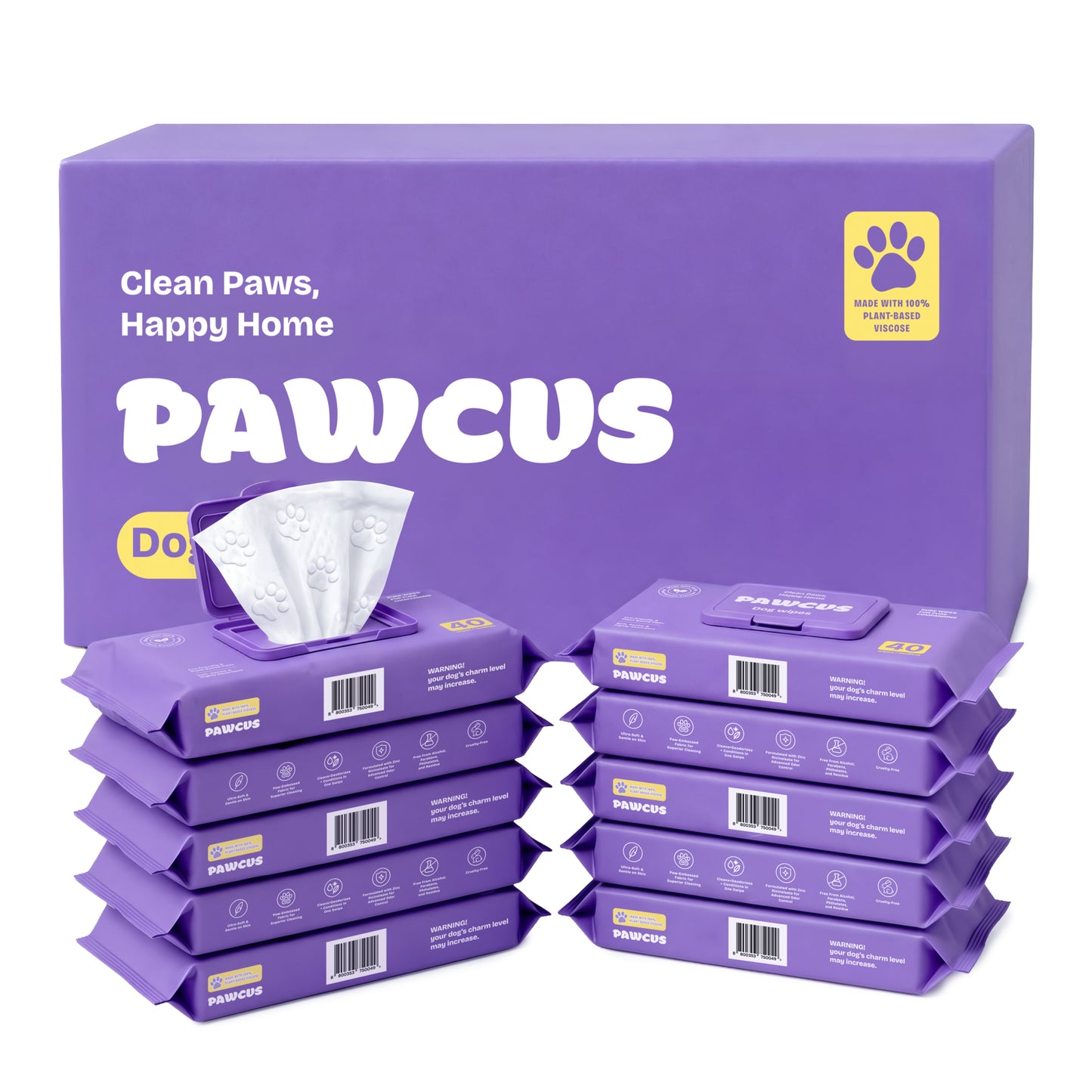 PAWCUS Dog Wipes - 10-Pack Case Bundle (400 Wipes) | 100% Plant-Based Viscose