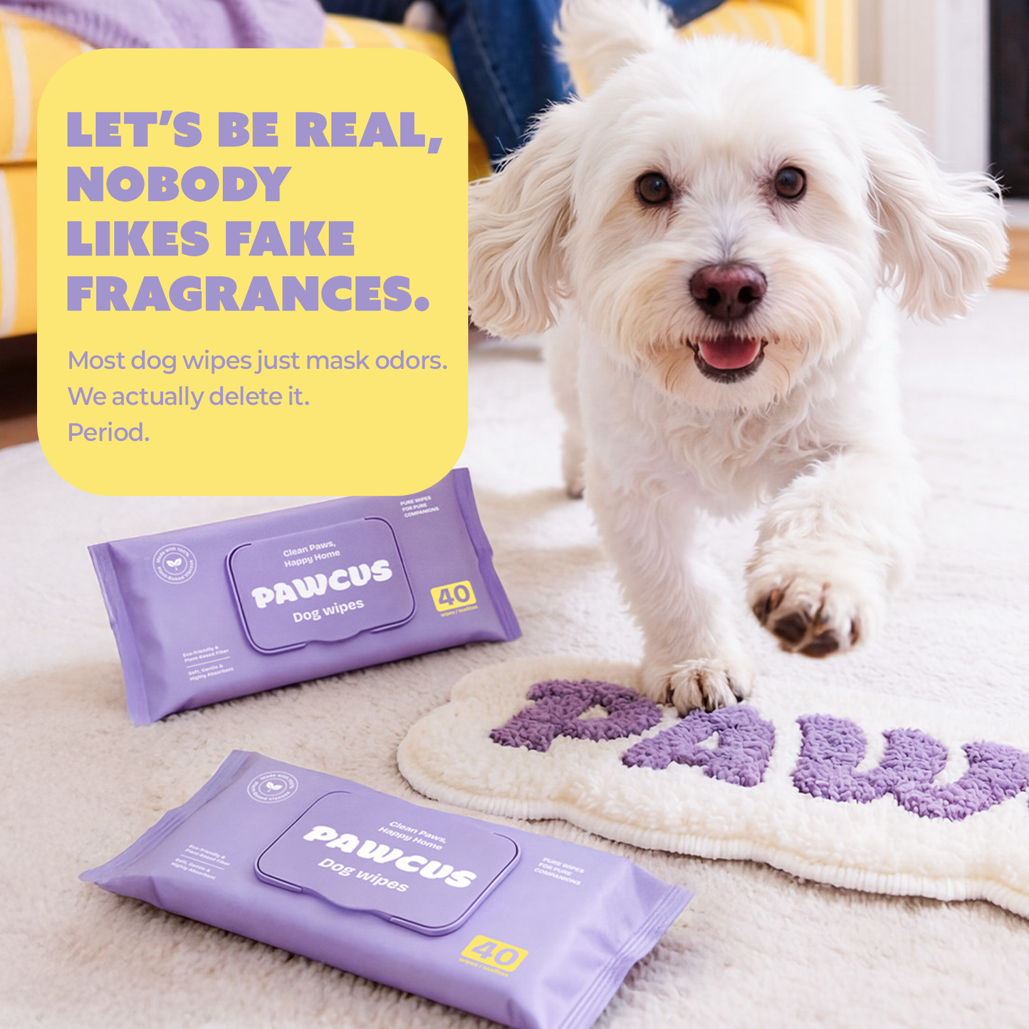 PAWCUS Premium Dog Wipes 40-Pack Single | 100% Plant-Based Viscose