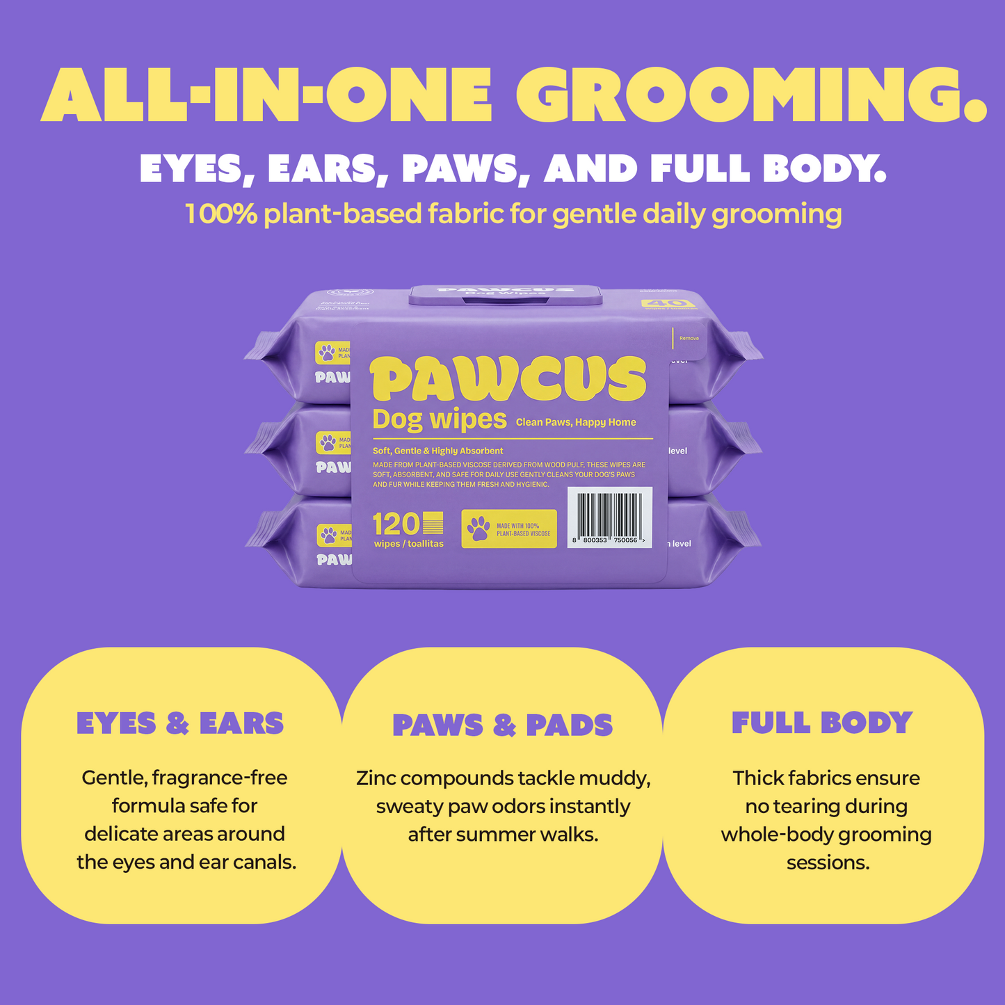 PAWCUS Dog Wipes - 120ct Smart Pack (3 Packs x 40) | 100% Plant-Based Viscose