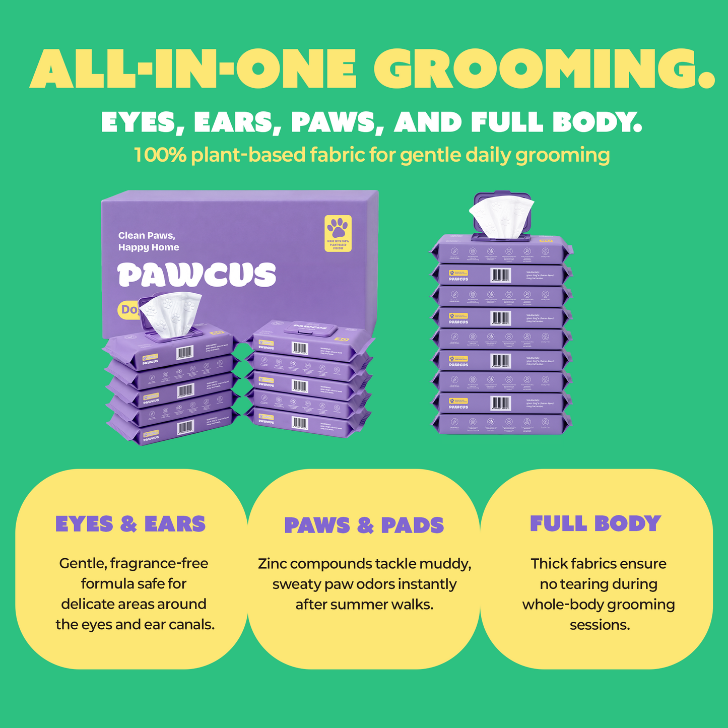 PAWCUS Dog Wipes - 10-Pack Case Bundle (400 Wipes) | 100% Plant-Based Viscose