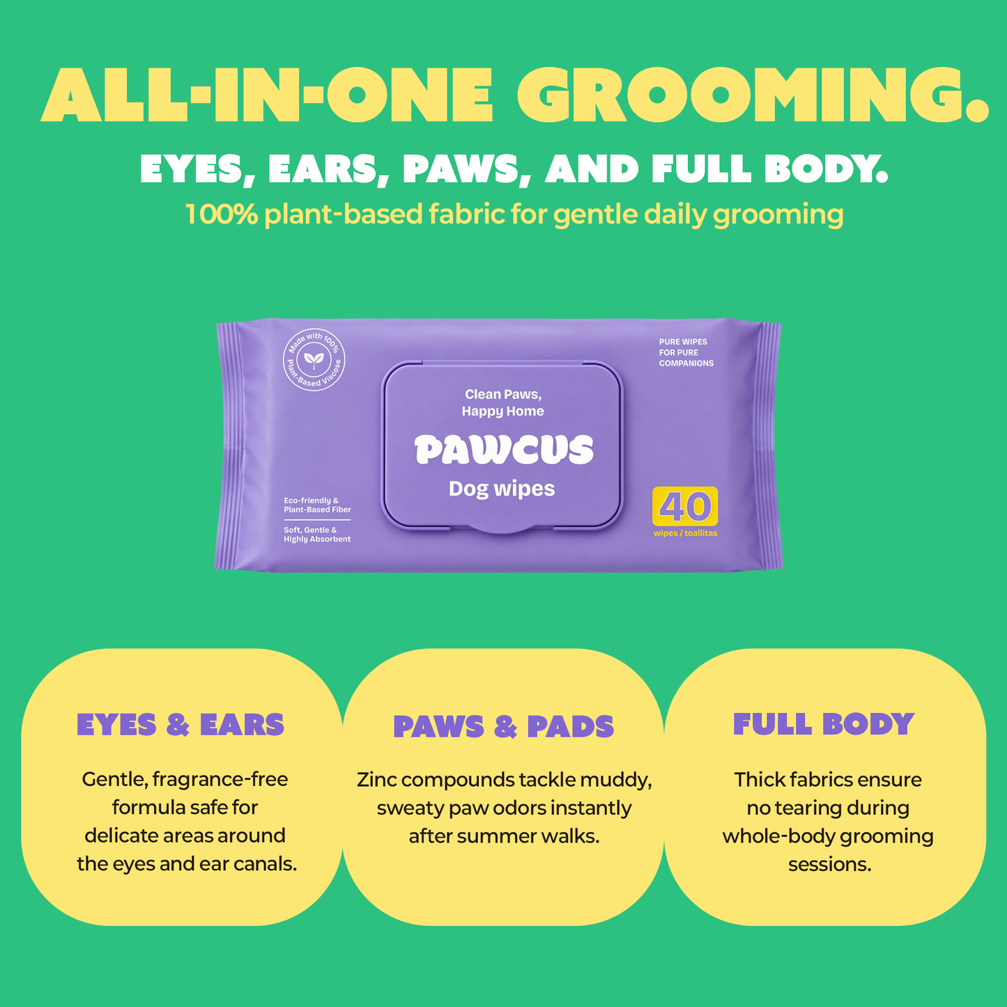 PAWCUS Premium Dog Wipes 40-Pack Single | 100% Plant-Based Viscose