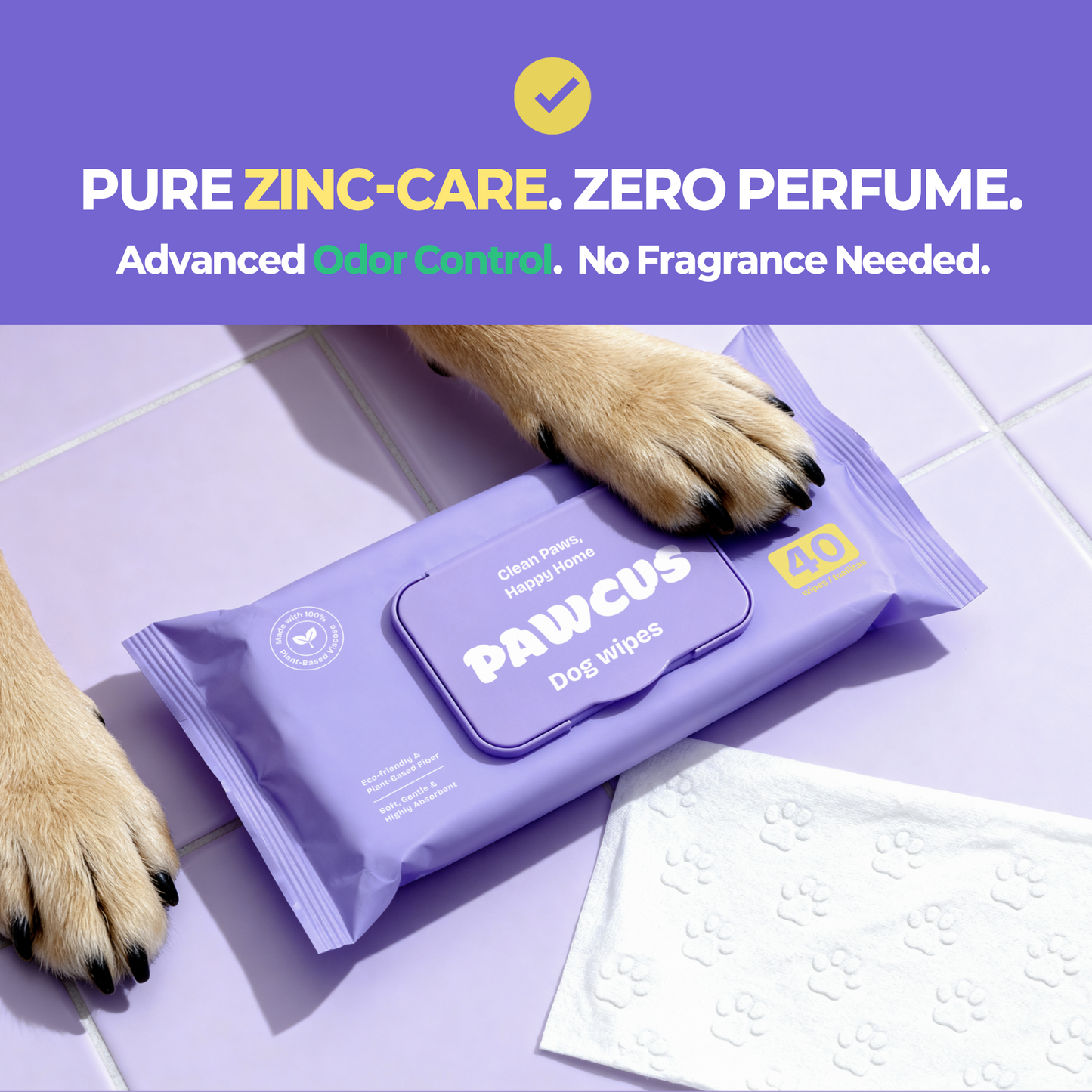 PAWCUS Premium Dog Wipes 40-Pack Single | 100% Plant-Based Viscose