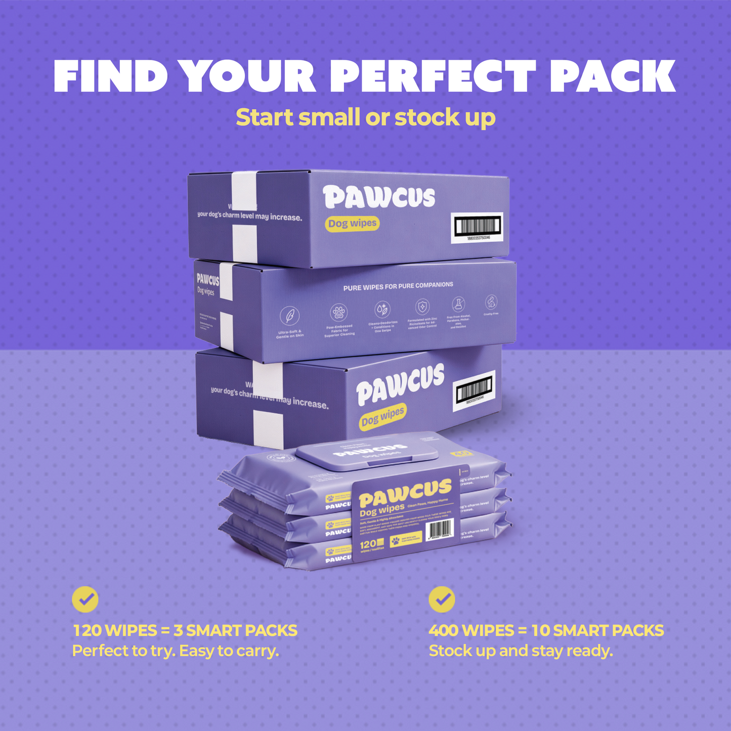 PAWCUS Premium Dog Wipes 40-Pack Single | 100% Plant-Based Viscose